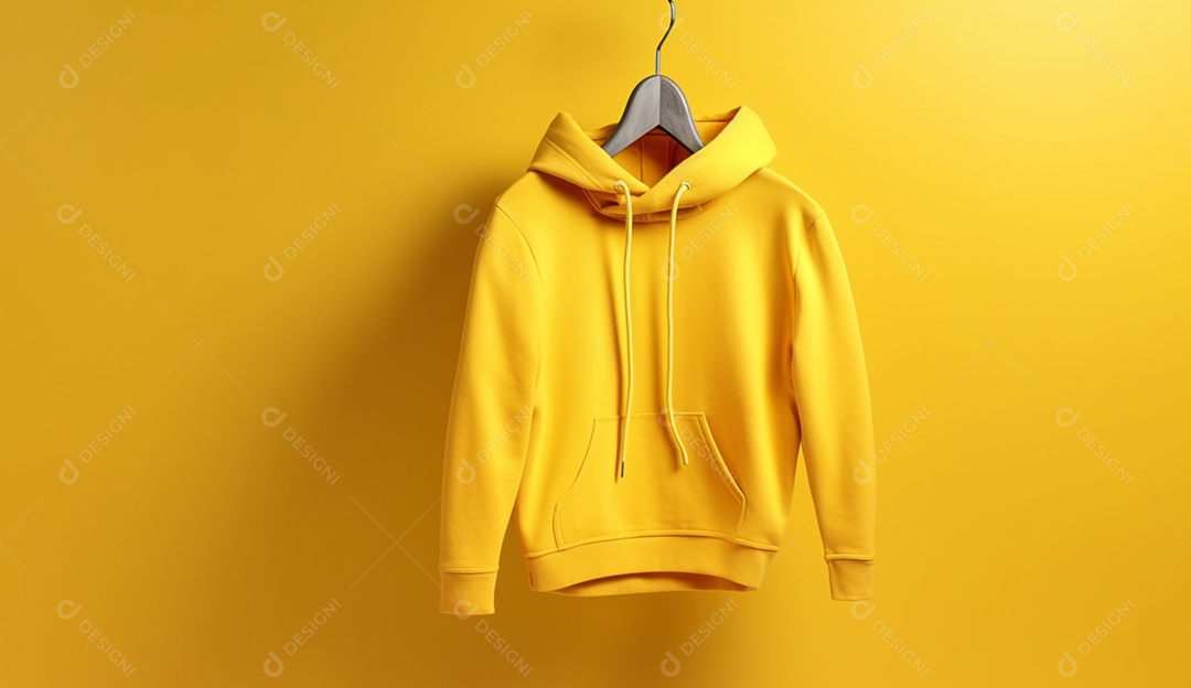 Moletom amarelo com capuz, pendurada com um cabide em uma parede.