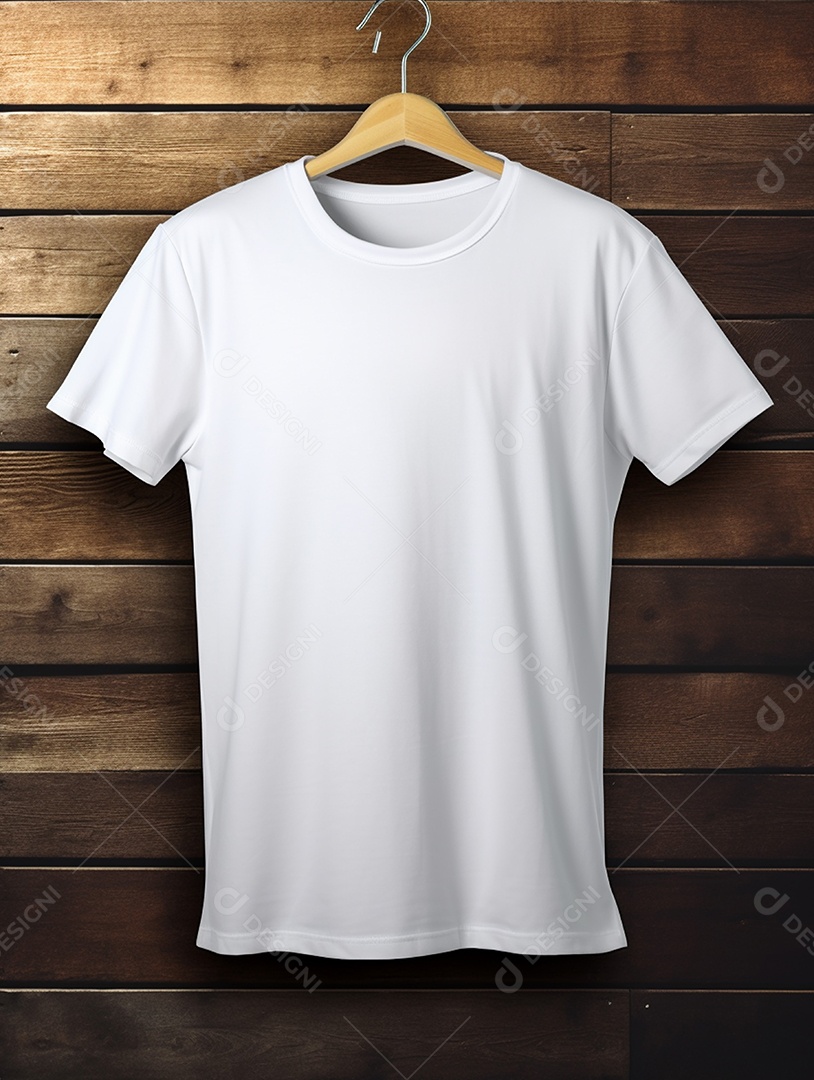 Camiseta branca pendurada com um cabide em uma parede de madeira.