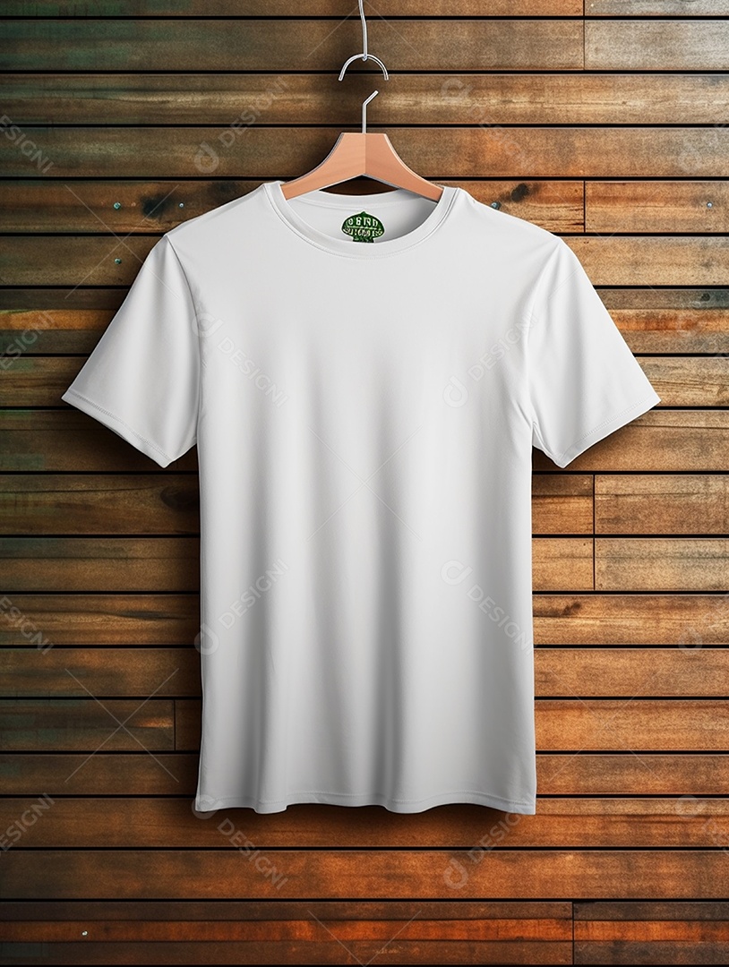 Camiseta branca pendurada com um cabide em uma parede de madeira.
