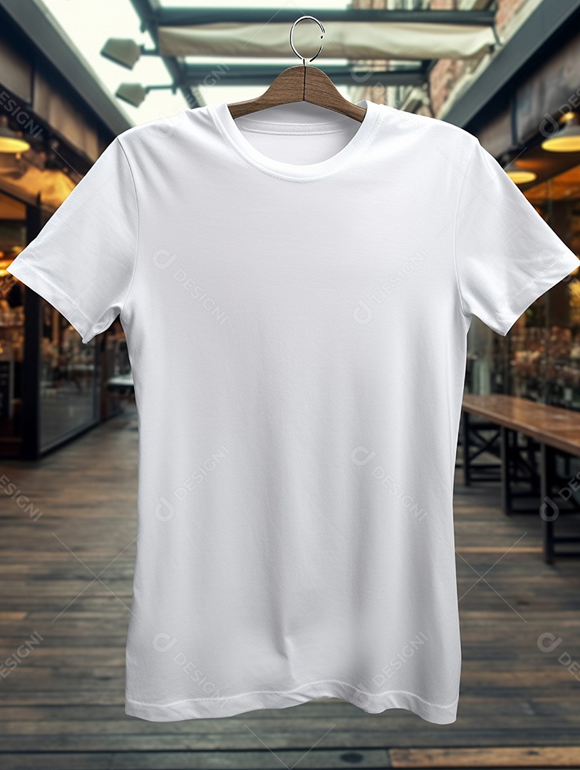 Camiseta branca pendurada com um cabide sobre um fundo desfocado.