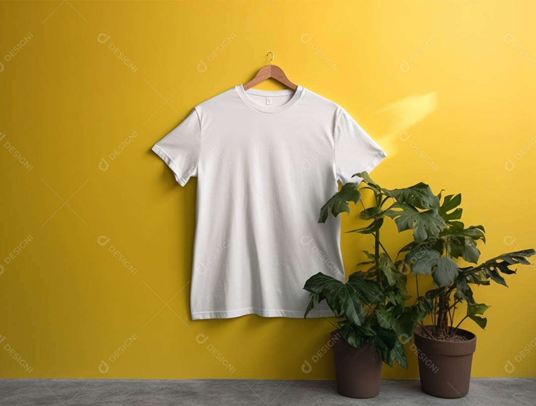 Modelo de camiseta branca sobre um fundo amarelo