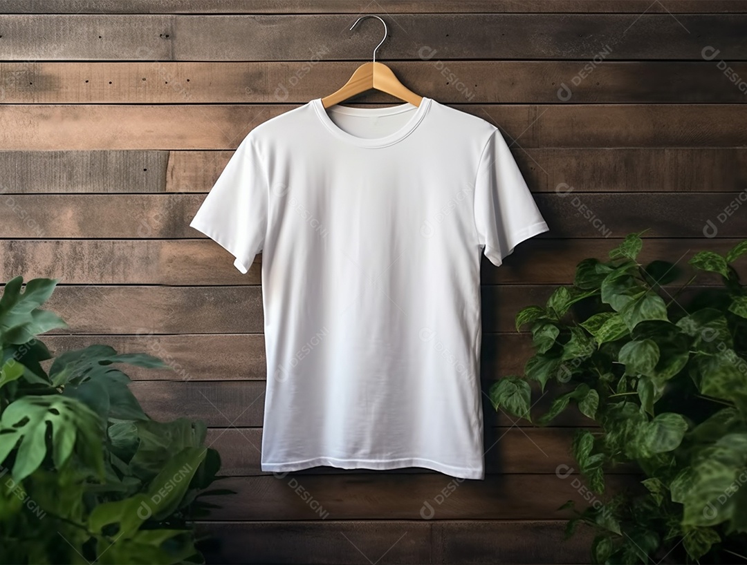Camiseta branca pendurada com um cabide sobre uma parede de madeira.