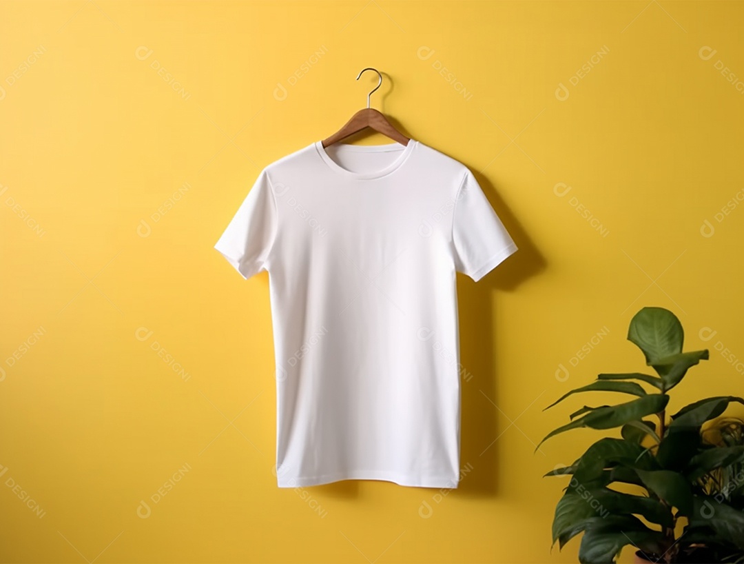 Camiseta branca pendurada com um cabide sobre uma parede amarela.