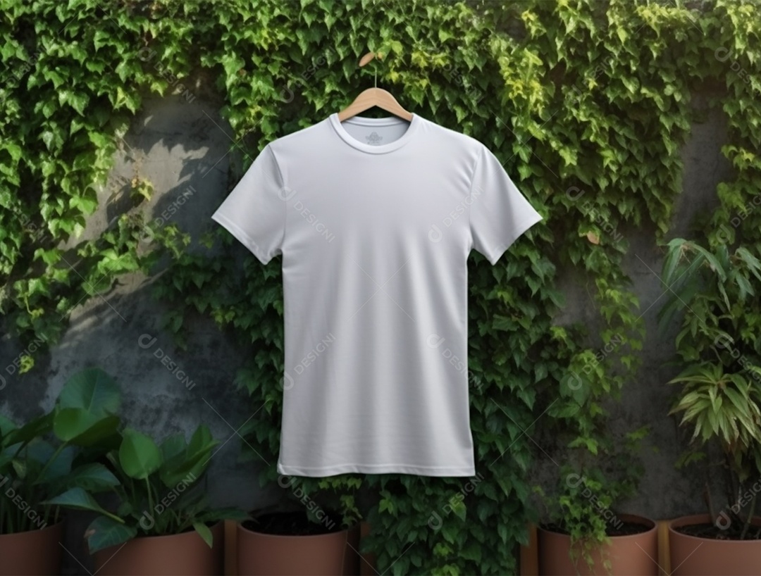 Camiseta branca pendurada com um cabide sobre um fundo com plantas.