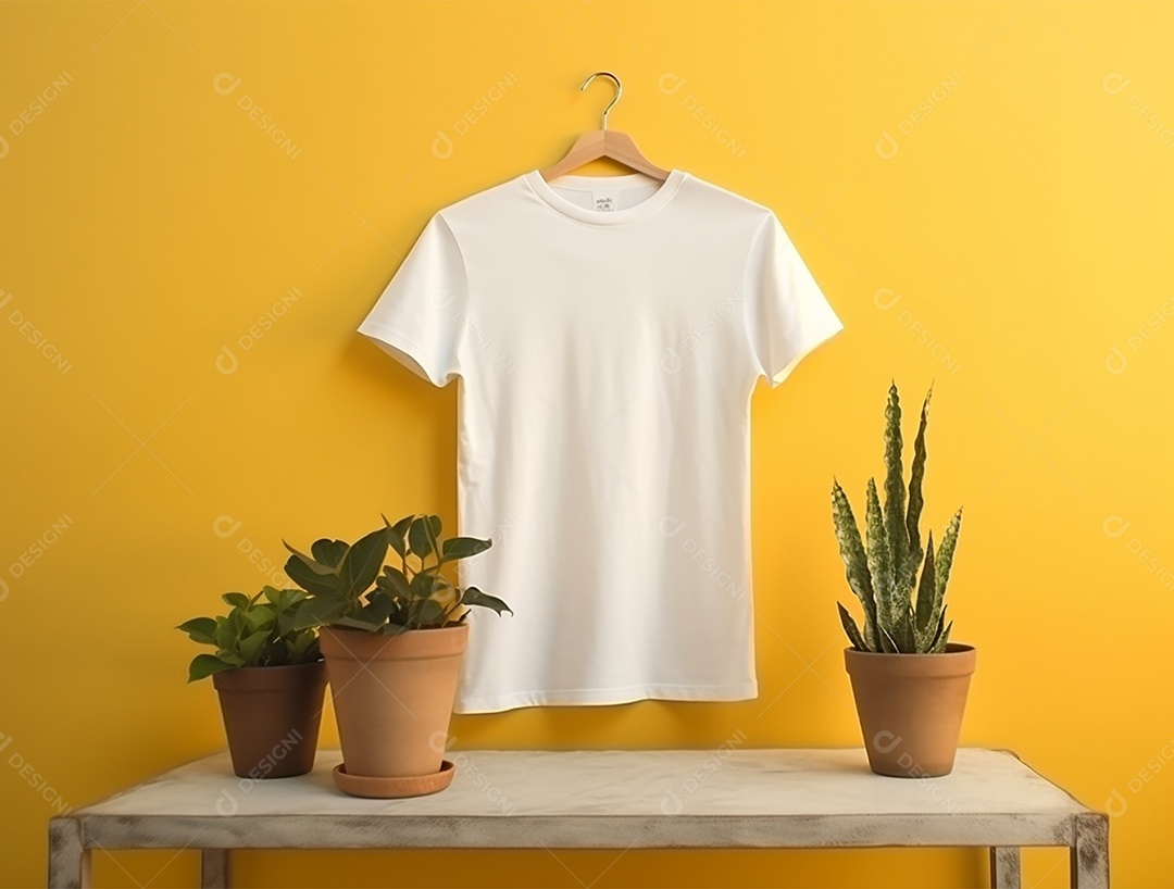 Camiseta branca pendurada com um cabide sobre uma parede amarela.
