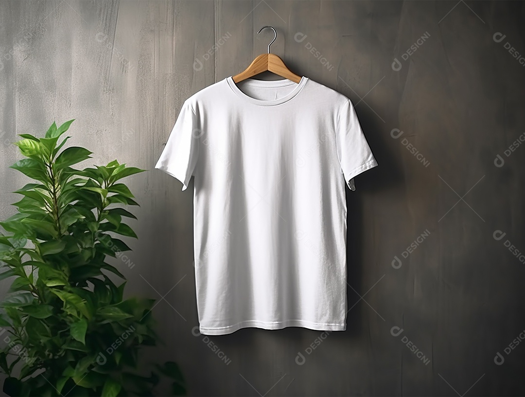 Camiseta branca pendurada com um cabide sobre uma parede.