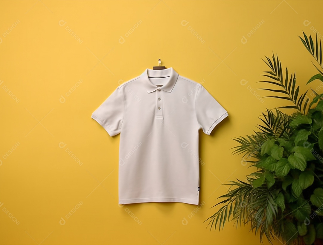 Camiseta branca pendurada com um cabide sobre uma parede amarela.