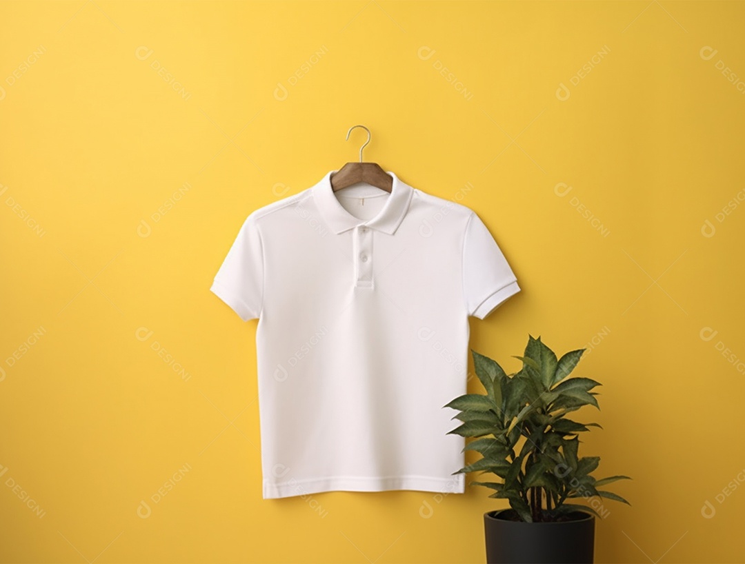 Camiseta branca pendurada com um cabide sobre uma parede amarela.