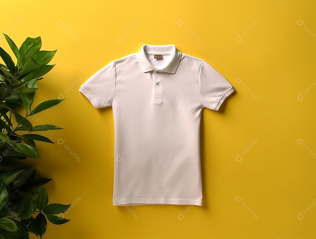 Camiseta branca pendurada com um cabide sobre uma parede amarela.