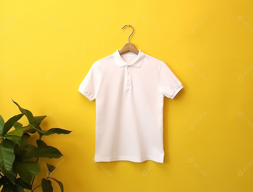 Camiseta branca pendurada com um cabide sobre uma parede amarela.