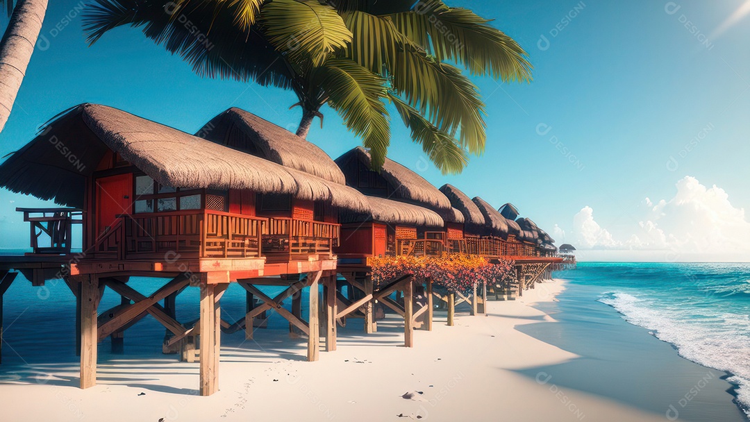 Imagem realista de cabana de praia sobre dia ensolarado.