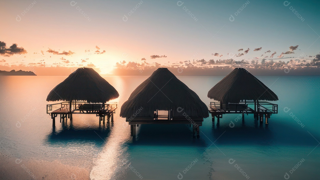 Imagem realista de cabana de praia sobre dia ensolarado.