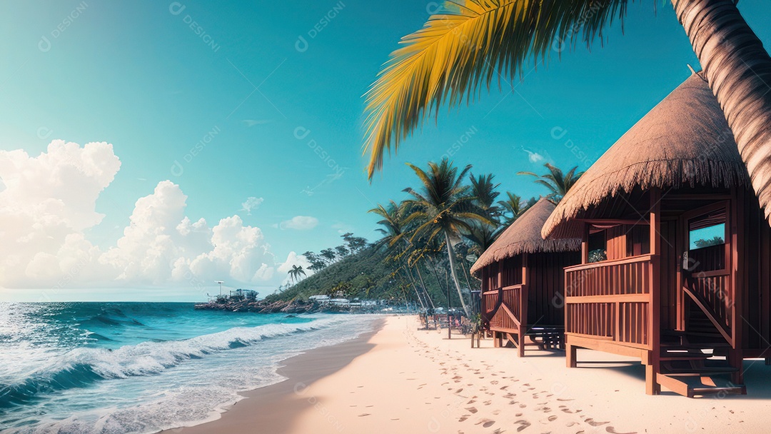 Imagem realista de cabana de praia sobre dia ensolarado.