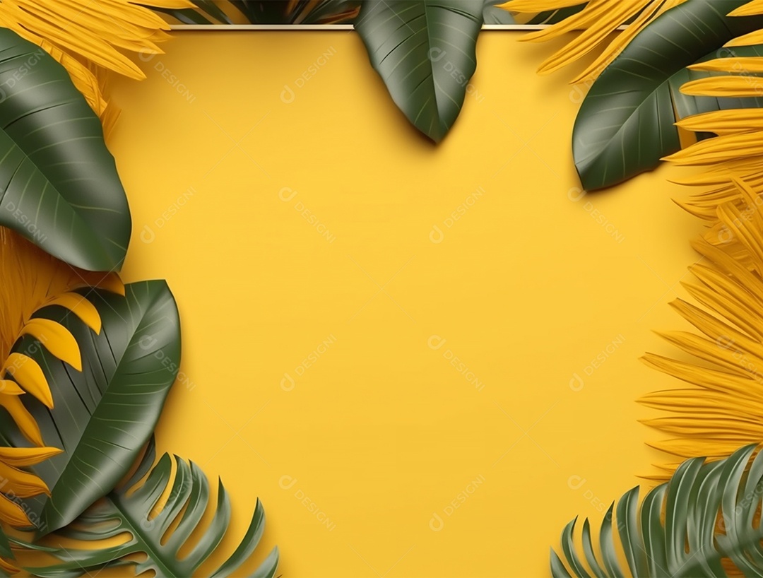 Fundo amarelo com folhagem.