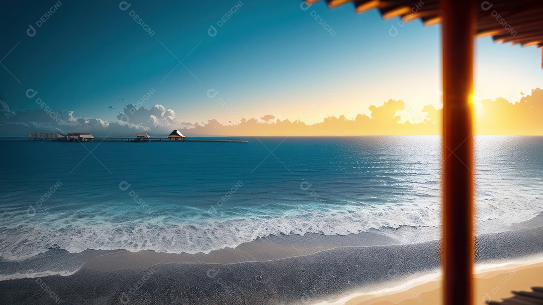 Imagem realista de cabana de praia sobre dia ensolarado.