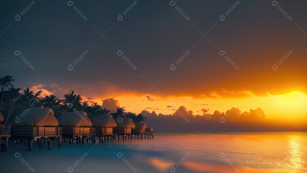 Imagem realista de cabana de praia sobre dia ensolarado.