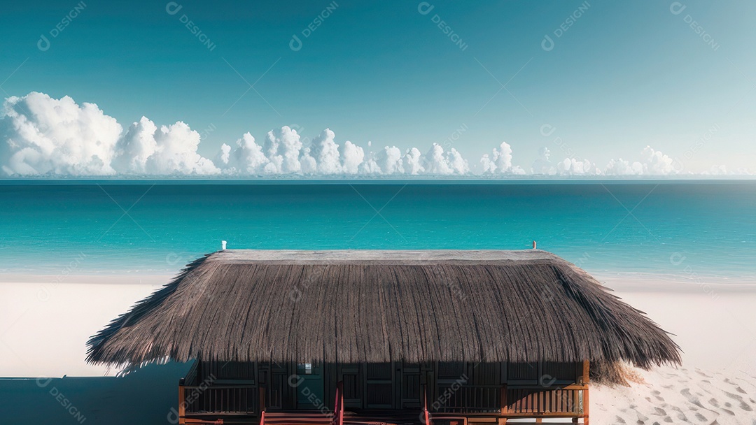 Imagem realista de cabana de praia sobre dia ensolarado.