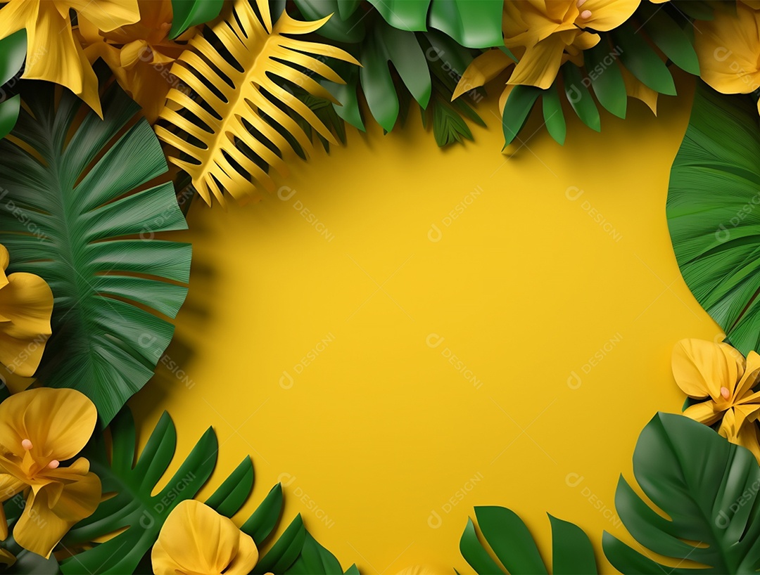 Fundo amarelo com folhagem.