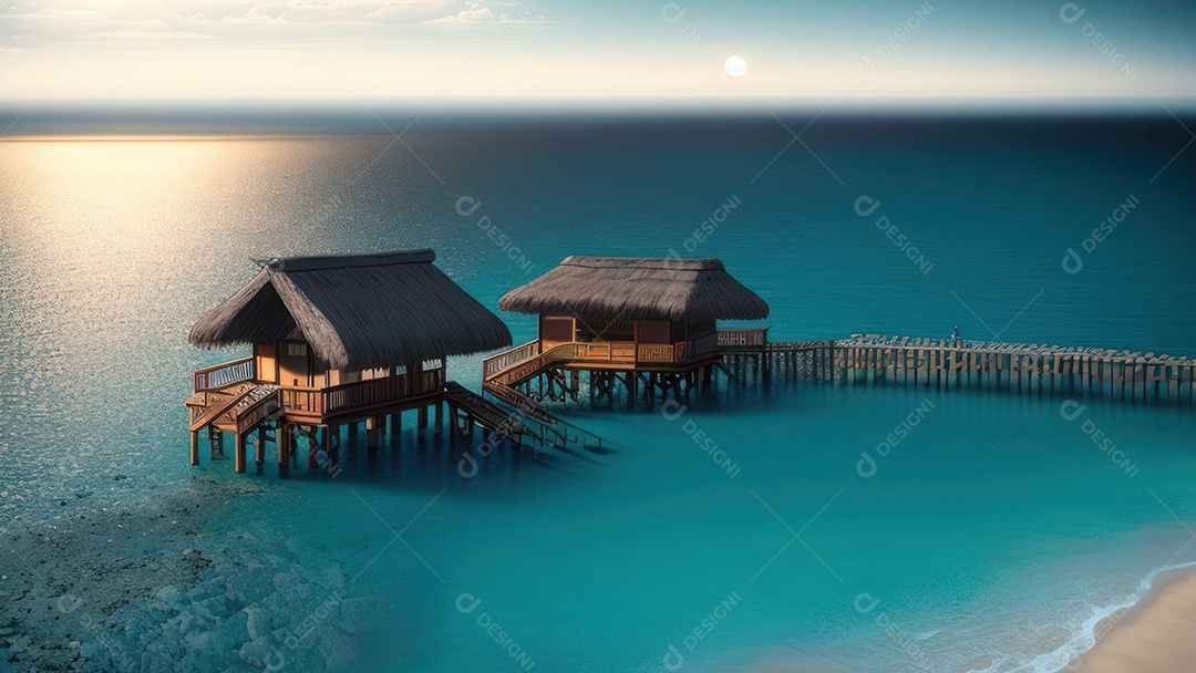 Imagem realista de cabana de praia sobre dia ensolarado.