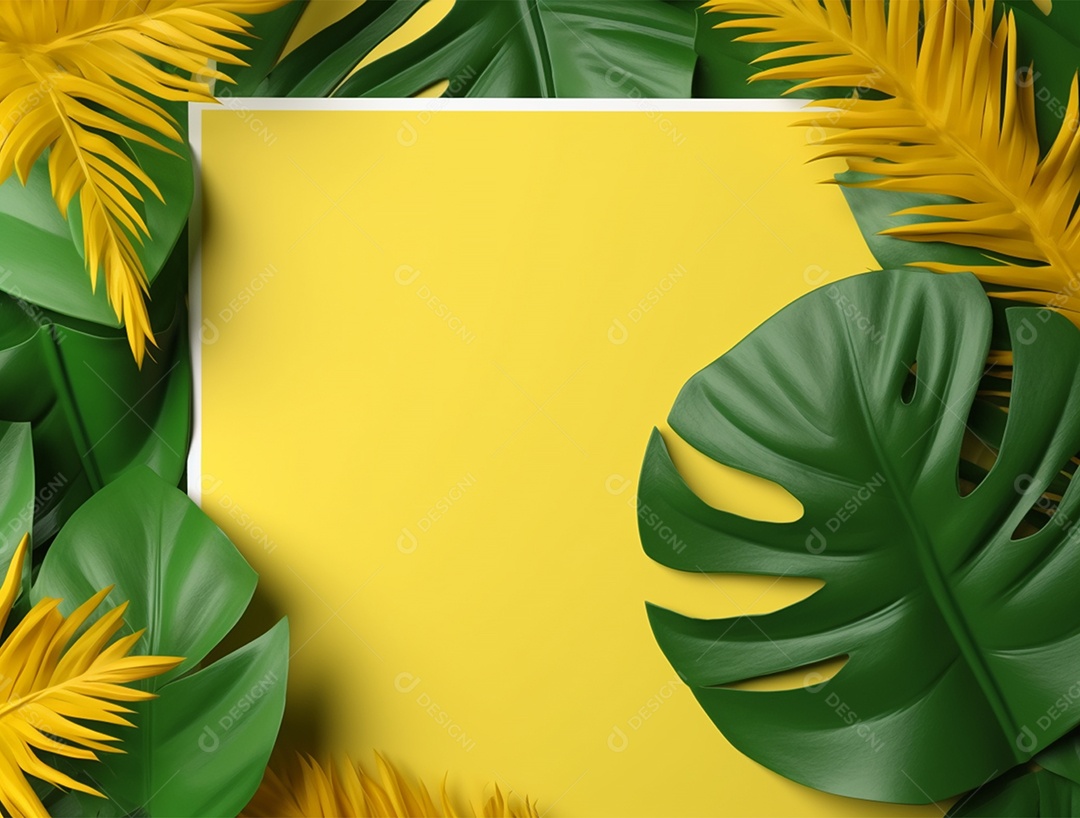 Fundo amarelo com folhagem.