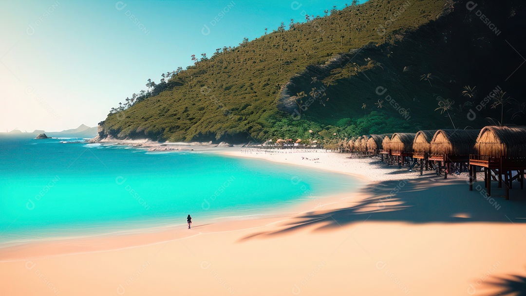 Imagem realista de cabana de praia sobre dia ensolarado.