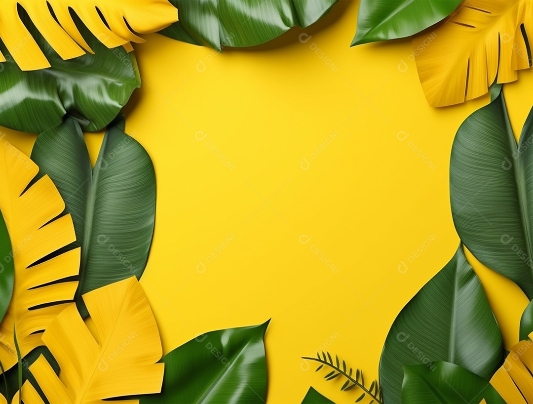 Fundo amarelo com folhagem.