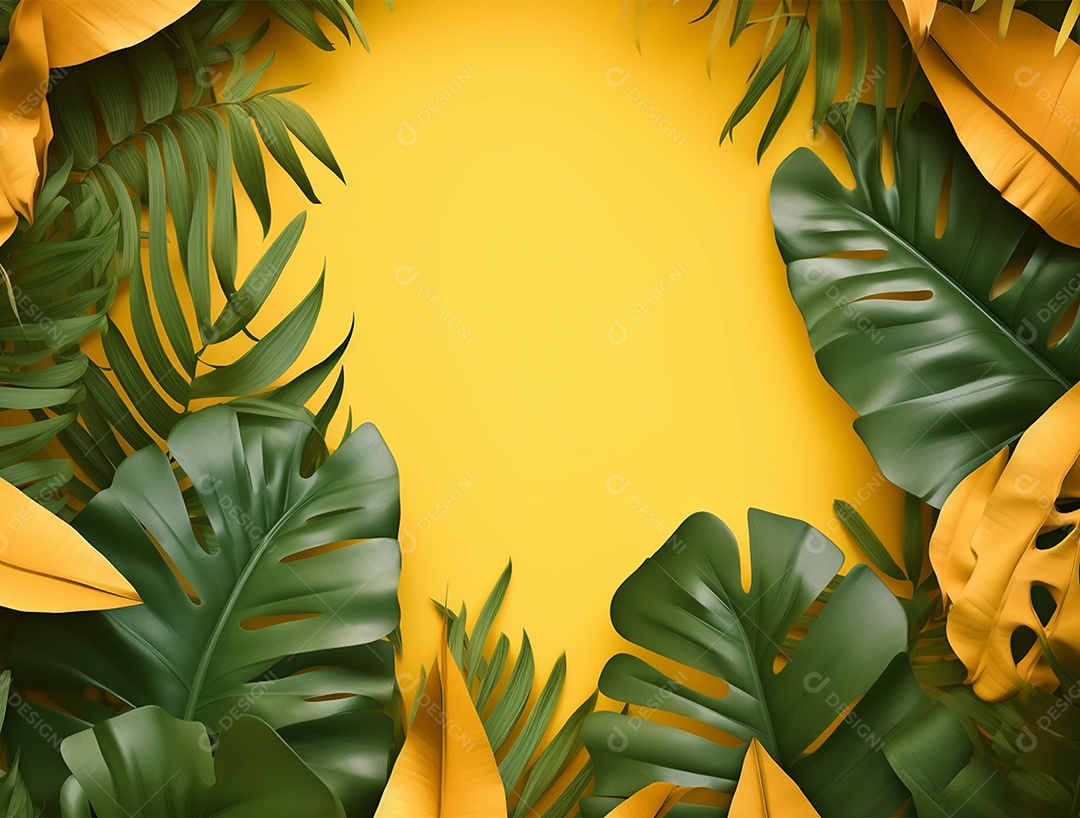Fundo amarelo com folhagem.