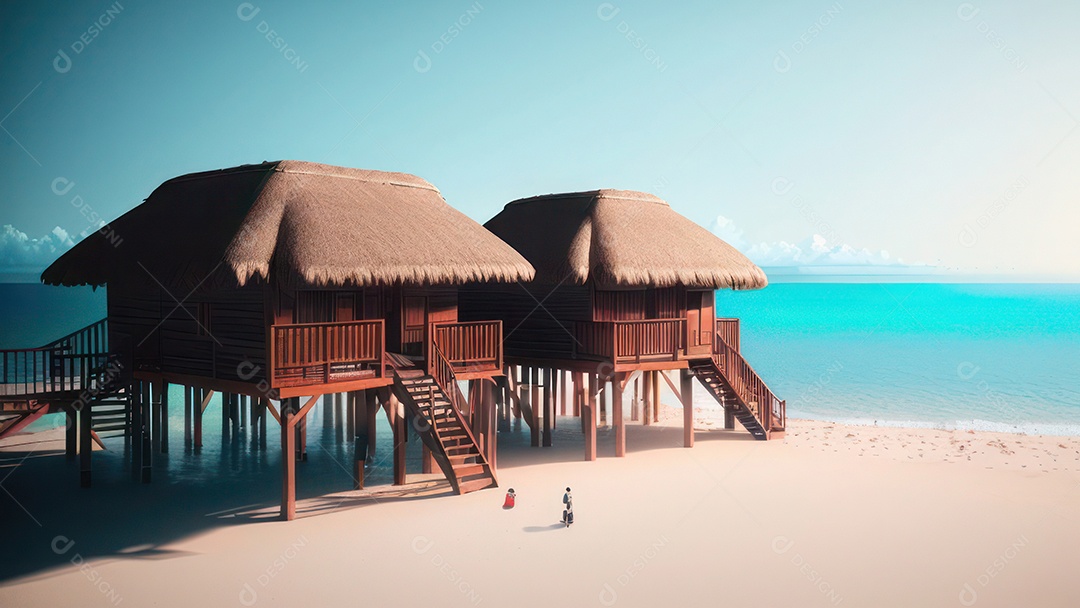 Imagem realista de cabana de praia sobre dia ensolarado.