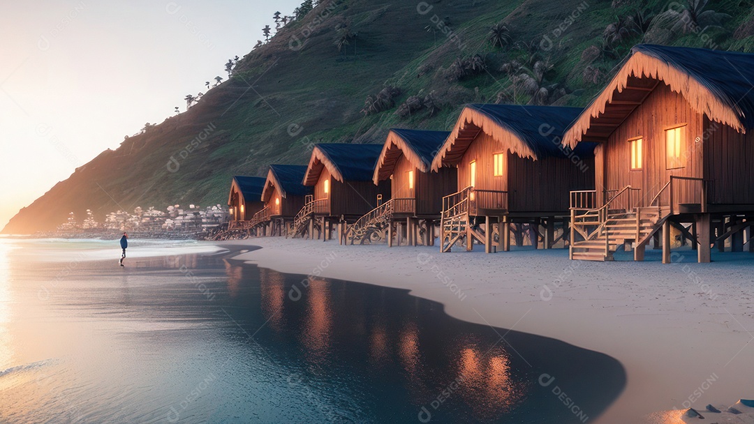 Imagem realista de cabana de praia sobre dia ensolarado.