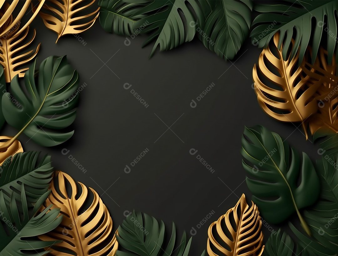 Fundo escuro com folhas pretas e douradas.