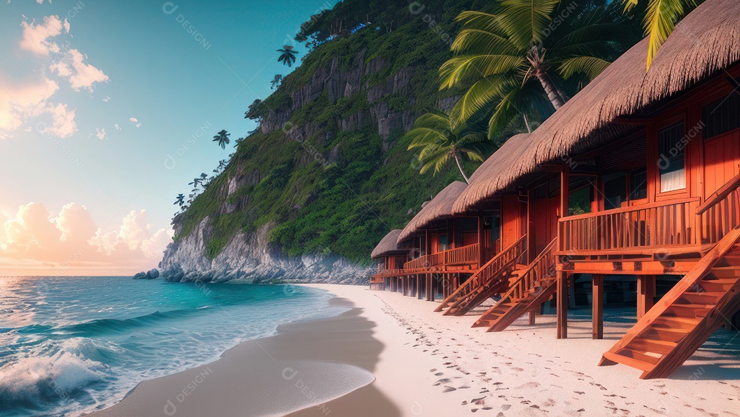 Imagem realista de cabana de praia sobre dia ensolarado.