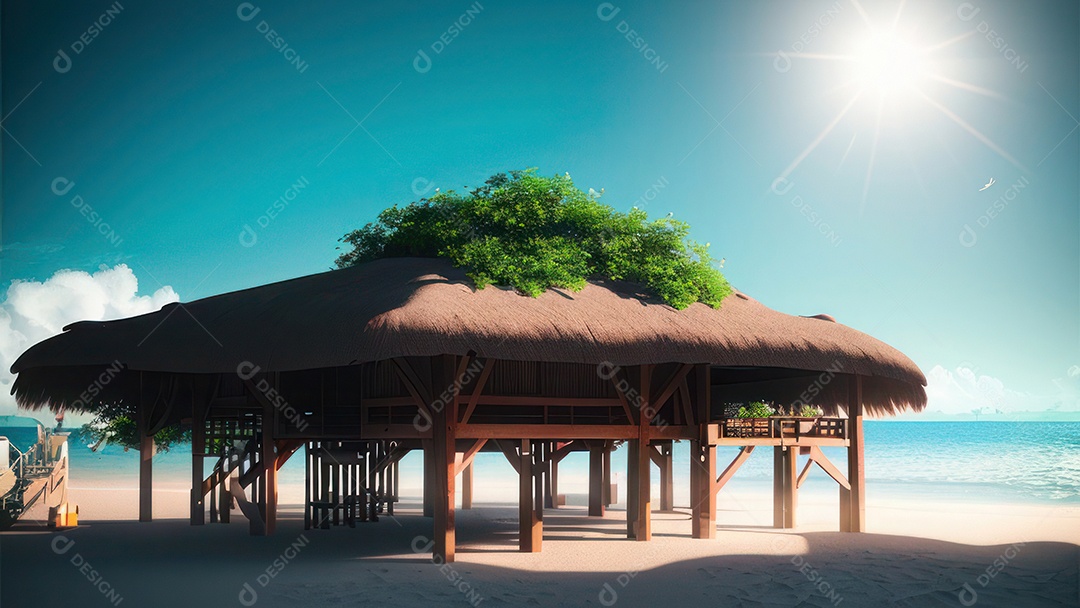 Imagem realista de cabana de praia sobre dia ensolarado.