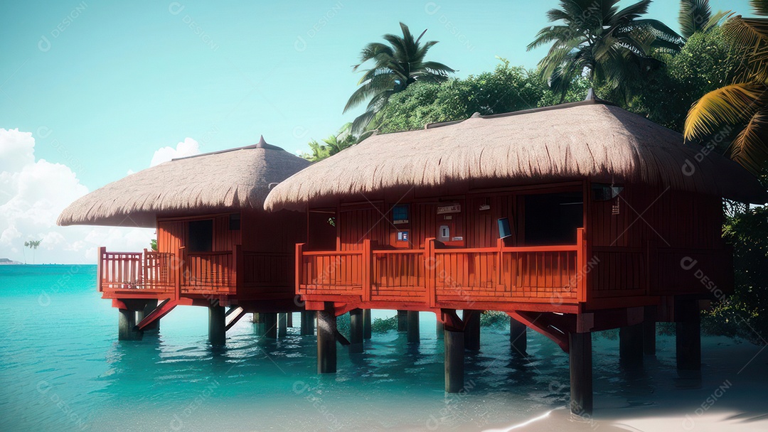 Imagem realista de cabana de praia sobre dia ensolarado.
