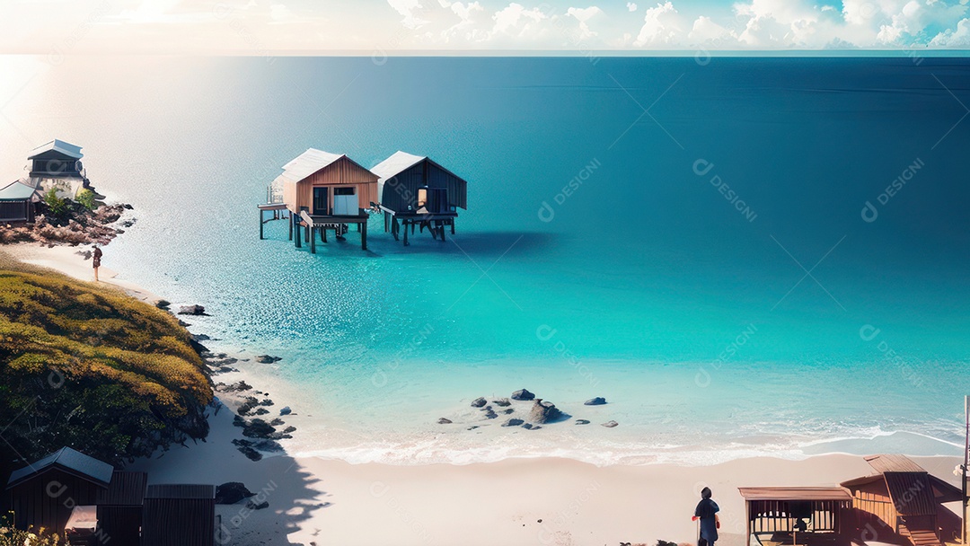 Imagem realista de cabana de praia sobre dia ensolarado.