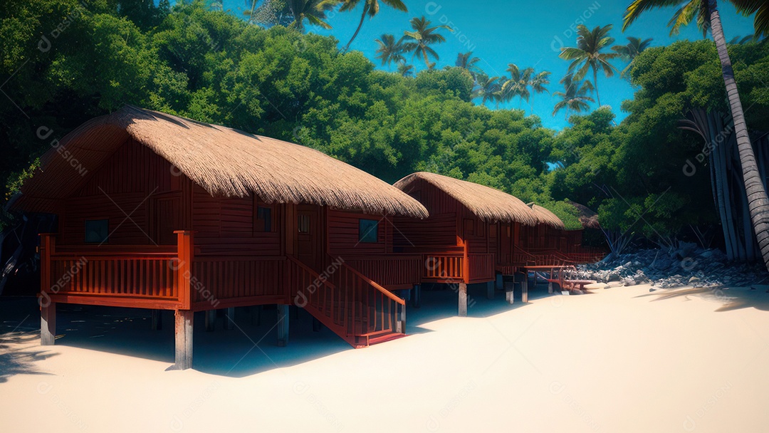Imagem realista de cabana de praia sobre dia ensolarado.