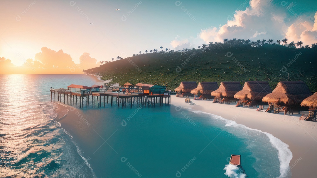 Imagem realista de cabana de praia sobre dia ensolarado.