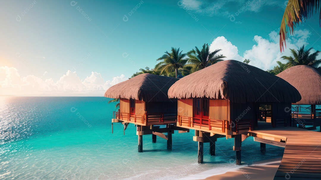 Imagem realista de cabana de praia sobre dia ensolarado.