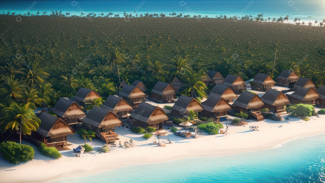 Imagem realista de cabana de praia sobre dia ensolarado.