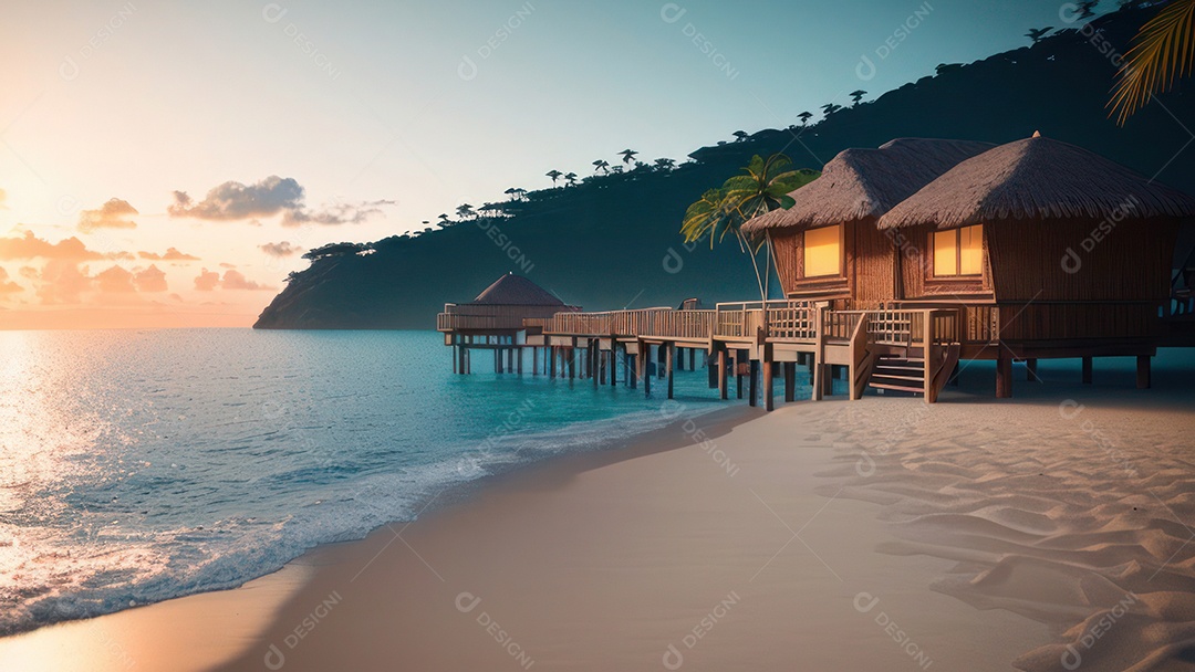 Imagem realista de cabana de praia sobre dia ensolarado.
