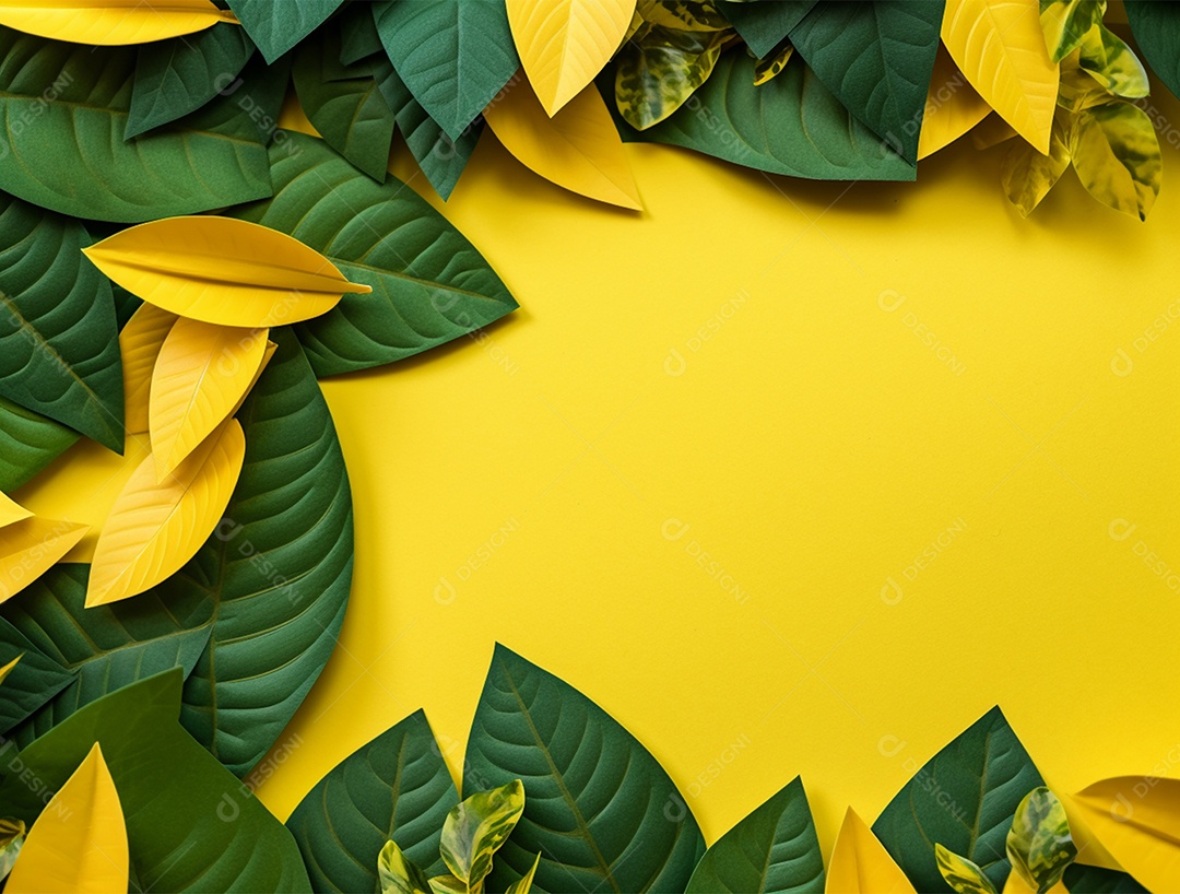 Fundo amarelo com folhagem.
