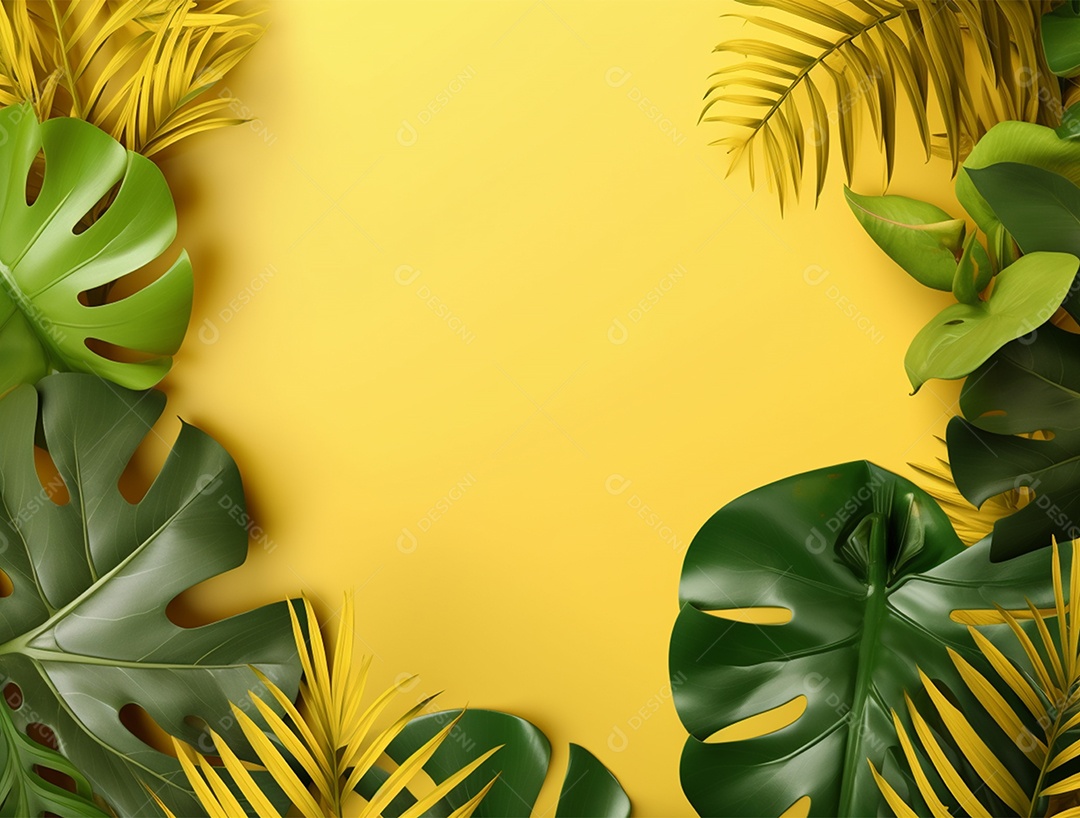 Fundo amarelo com folhagem.