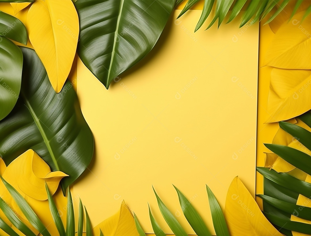 Fundo amarelo com folhagem.
