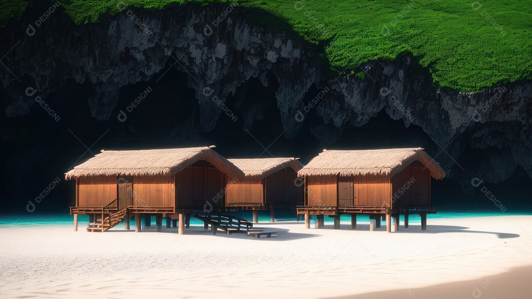 Imagem realista de cabana de praia sobre dia ensolarado.