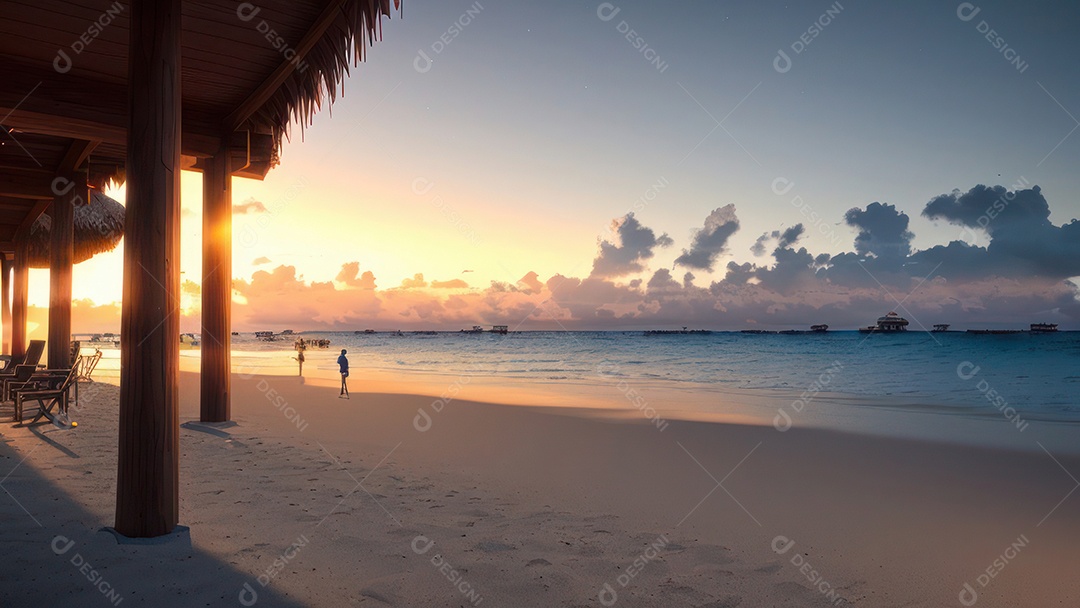 Imagem realista de cabana de praia sobre dia ensolarado.