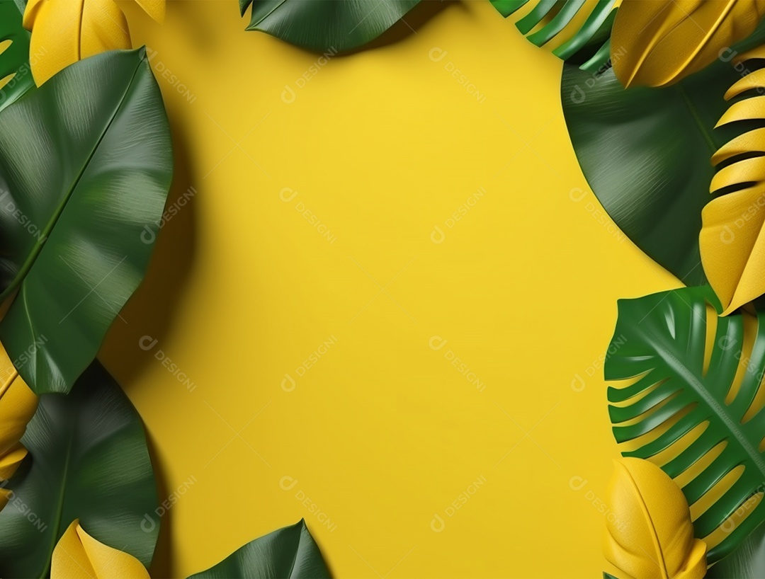 Fundo amarelo com folhagem.