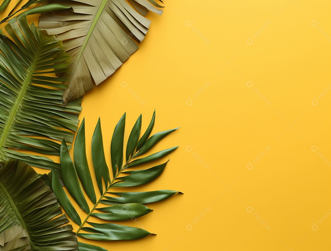 Fundo amarelo com folhagem.