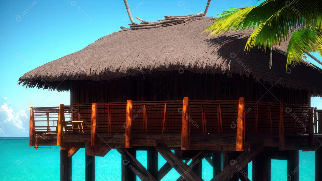 Imagem realista de cabana de praia sobre dia ensolarado.