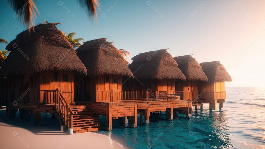 Imagem realista de cabana de praia sobre dia ensolarado.