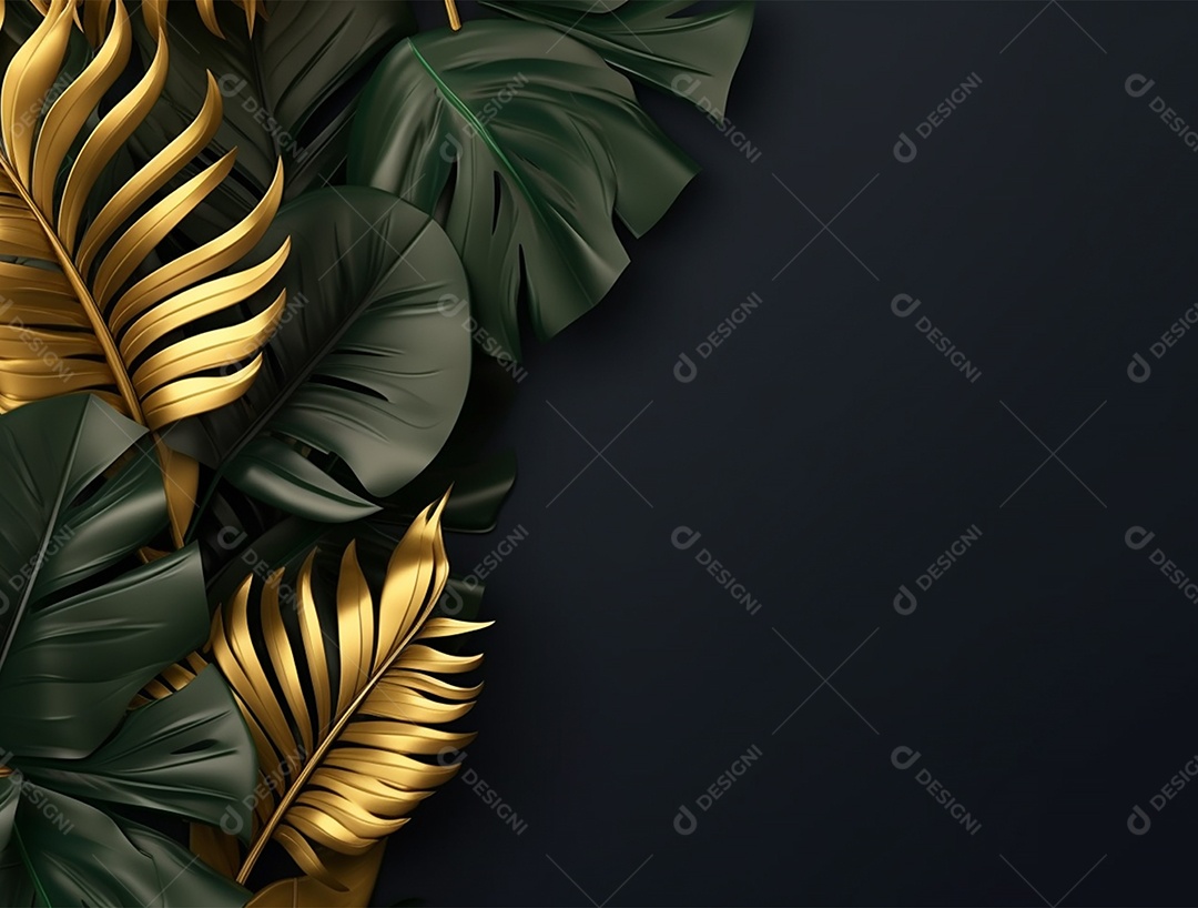 Fundo escuro com folhas pretas e douradas.