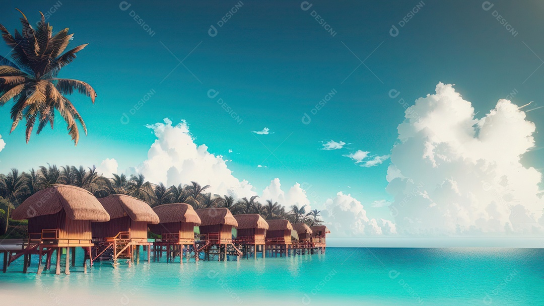 Imagem realista de cabana de praia sobre dia ensolarado.